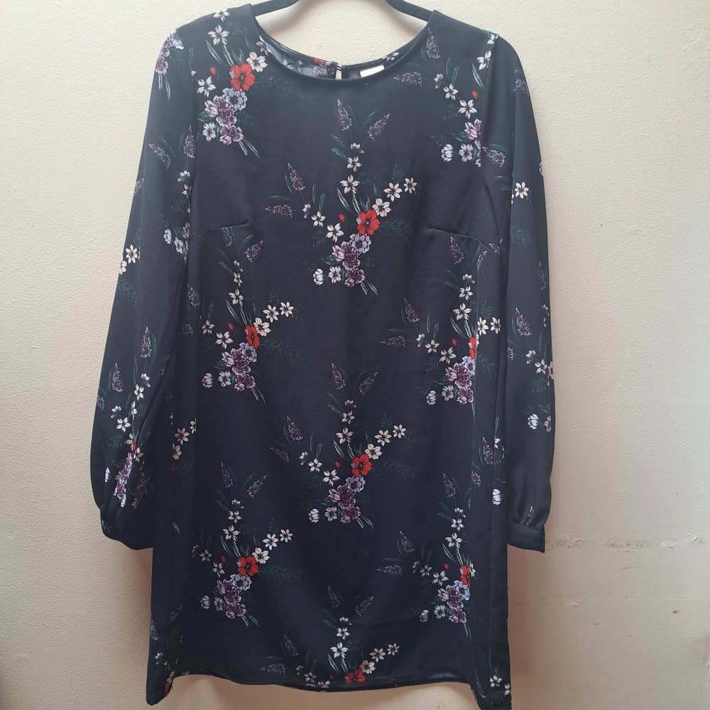HM Black Floral Long Sleeve Shift Dress Womens Size 8 Red Purple Flower Crepe